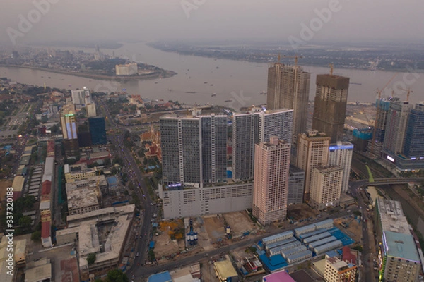 Obraz Phnompenh capital of Cambodia on the sunset with beautiful landscape by drone