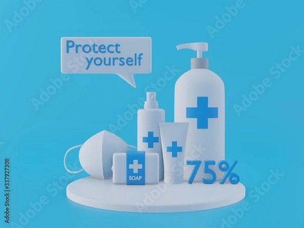 Fototapeta 3D - wash hand set sanitizing gel anti bacterial 75%. safety protect yourself with face mask.