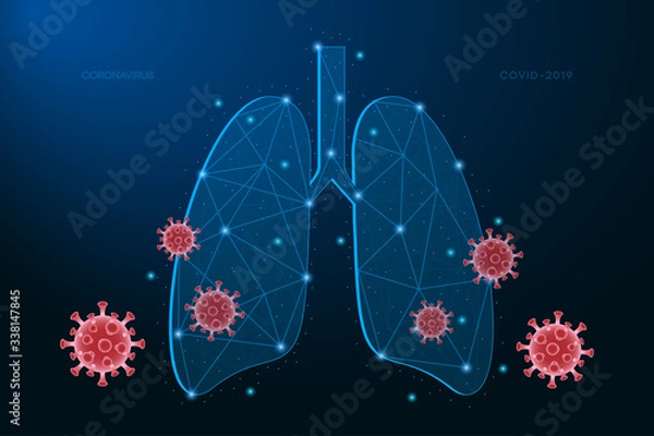 Fototapeta Human lungs. Coronavirus cells attack respiratory system. Covid-19 concept made by low polygonal wireframe mesh on blue background. 2019-nCoV illustration with lung. Medicine. Vector.