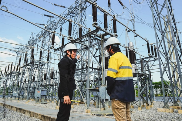 Fototapeta Businessmen and engineers are talking about problems and electricity production in large power plants