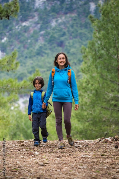 Fototapeta A woman walks with her son through the forest.