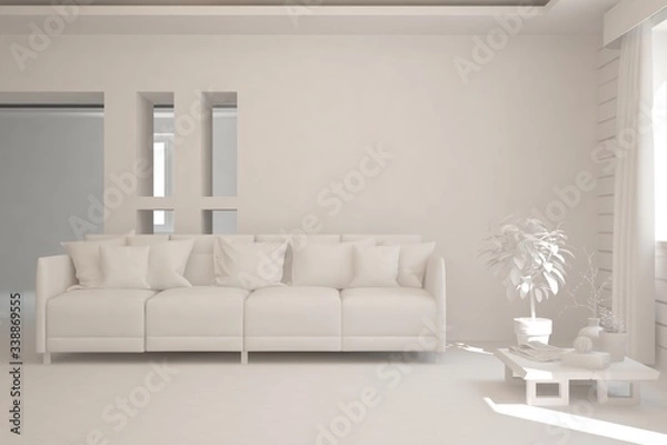 Fototapeta White minimalist living room with sofa. Scandinavian interior design. 3D illustration