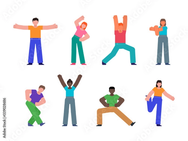 Obraz Set of people stretching, doing physical exercises, showing various action, poses. Flat design vector illustration