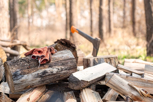 Fototapeta Pile of chopped firewoods  in the forrest together with modern axe and orange gloves. Nobody else