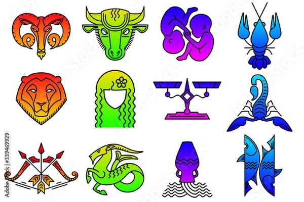 Fototapeta Zestaw znaków zodiaku Baran Byk Bliźnięta Rak Lew Panna Waga Skorpion Strzelec Koziorożec Wodnik Ryby Kolorowe znaki zodiaku Astrologiczny symbol logo emblemat. Zarys grafiki wektorowej