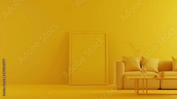 Fototapeta Monochrome minimal concept. interior of living with sofa and coffe table yellow tone on yellow floor and background. Empty frame mockup. Rendering 3D