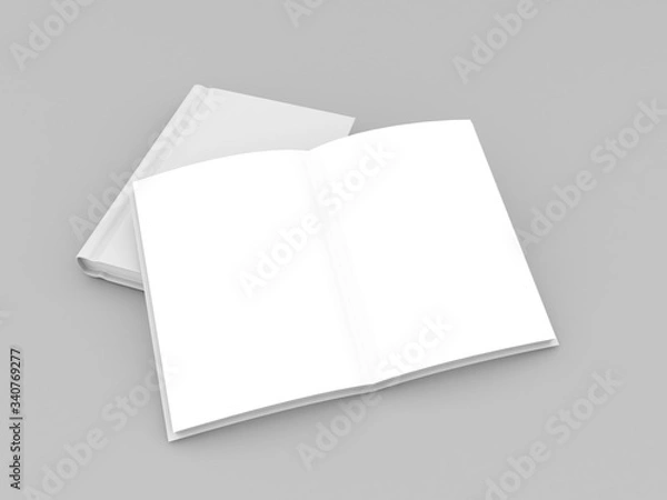 Fototapeta Mock up blank open book on gray background. 3d render illustration.