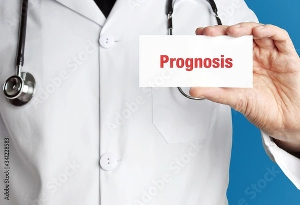 Fototapeta Prognosis. Doctor in smock holds up business card. The term Prognosis is in the sign. Symbol of disease, health, medicine