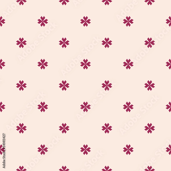 Fototapeta Vector floral minimalist seamless pattern. Simple abstract geometric background with small flowers, petals, crosses. Minimal ornament texture in dark red and beige color. Elegant repeated design