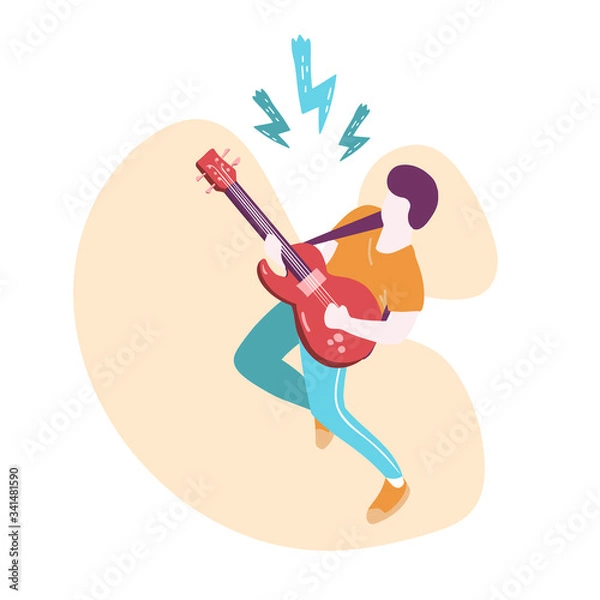 Fototapeta The guitarist plays the electric guitar. Musician performs rock or rock and roll on a white background