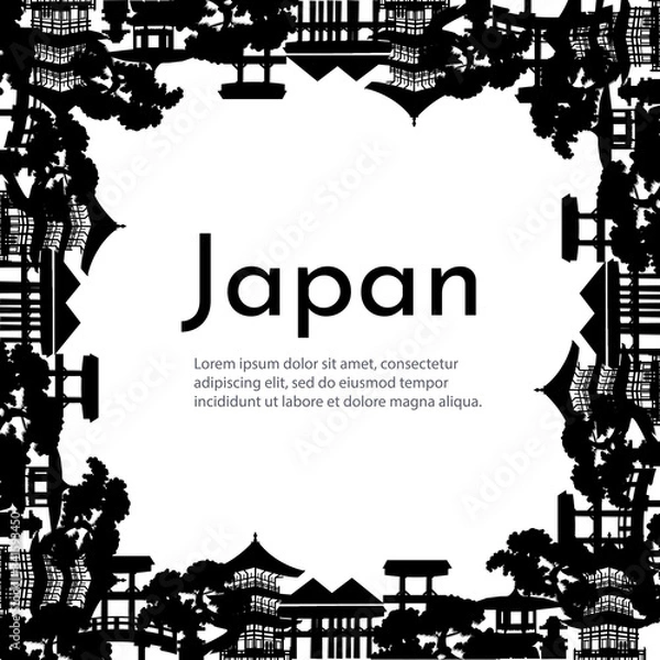 Fototapeta Japanese background with silhouettes of houses. Vector black and white banner for travel text and advertising.