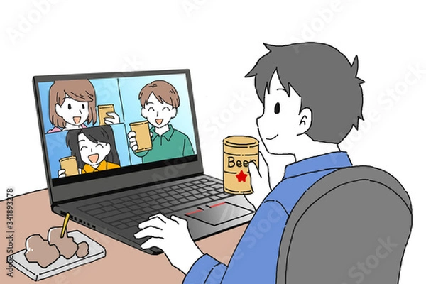 Fototapeta オンライン飲み会を楽しむ男女のイラスト
