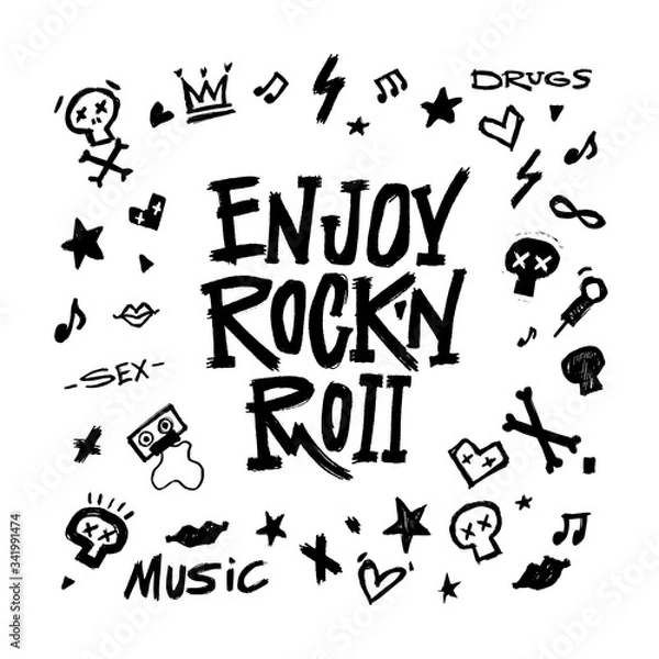 Fototapeta Rock'n'Roll graphic set. Simbols, words and design elements on white background. vector illustration