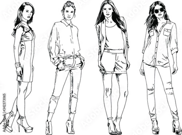 Fototapeta vector drawings on the theme of beautiful slim sporty girl in casual clothes in various poses painted ink hand sketch with no background