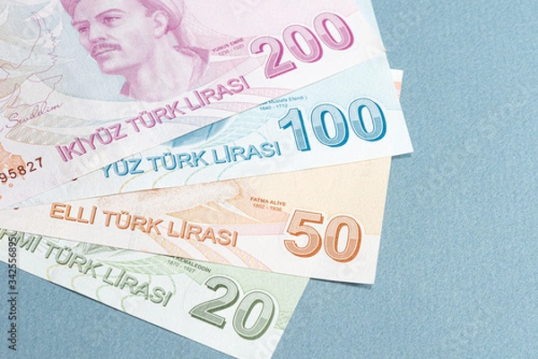 Fototapeta Turkish banknotes, Turkish Lira Numbers macro shot.