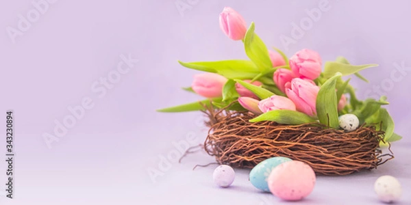 Fototapeta Spring background with tulips. Card for Mothers day, 8 March, Easter