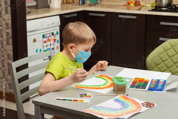 Fototapeta Photo of children's leisure at home. Positive visual support during home quarantine of the Covid-19 pandemic coronavirus. concept of a child's home activities. rainbow.