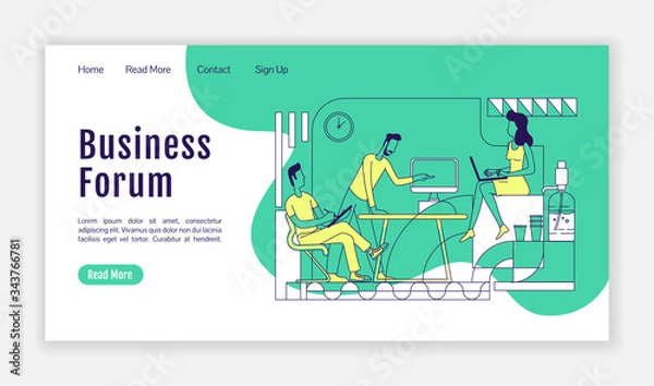 Fototapeta Business forum landing page flat silhouette vector template. Company development seminar homepage layout. CEO meeting one page website interface with cartoon outline characters. Web banner, webpage