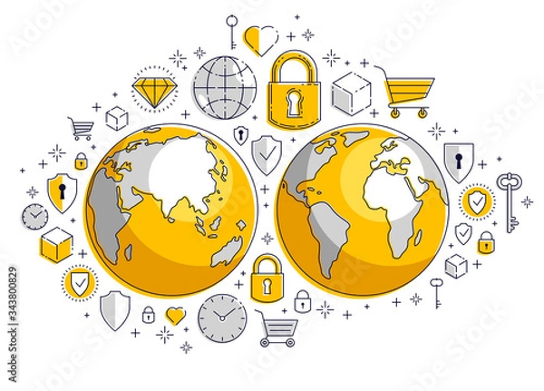 Fototapeta Global internet connection concept, planet earth with different icons set, big data, internet activity, global communication, vector, elements can be used separately.