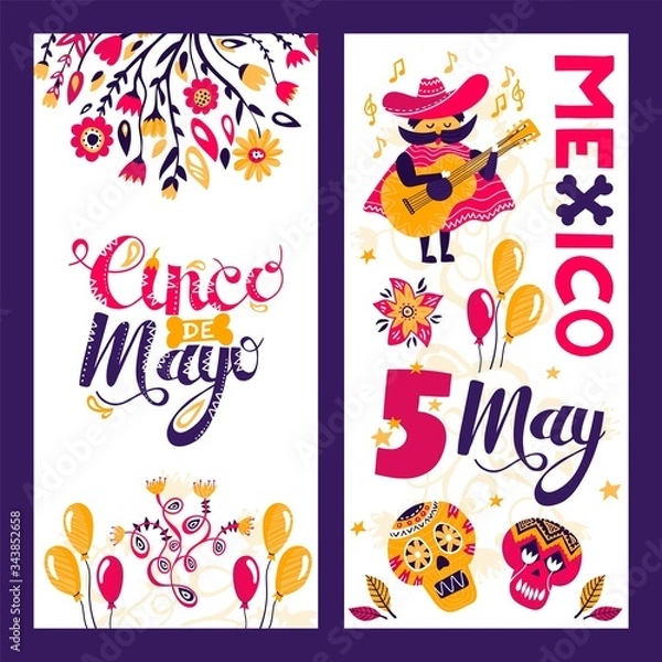 Fototapeta Cinco de Mayo, mexico celebration flyer vector illustration. Colorful poster traditional holiday, latin festival. Mexican symbols, fiesta invintation with flower and ballons decoration.