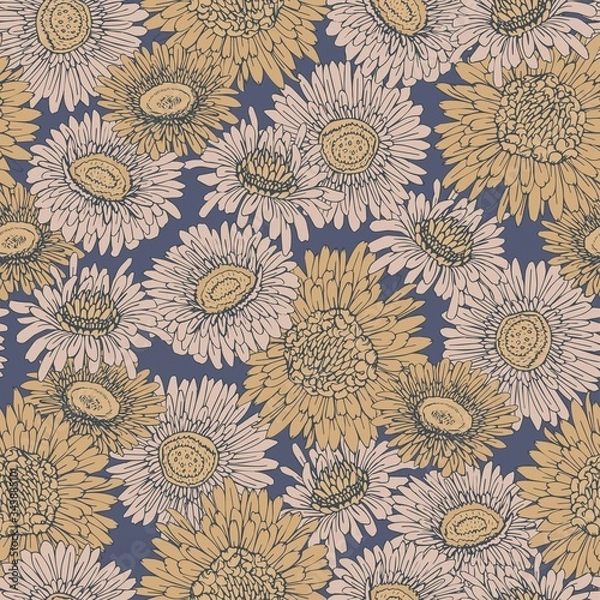 Fototapeta Seamless pattern with blue chrysanthemums. Vector square template hand-drawn. Design for fabric and wallpaper