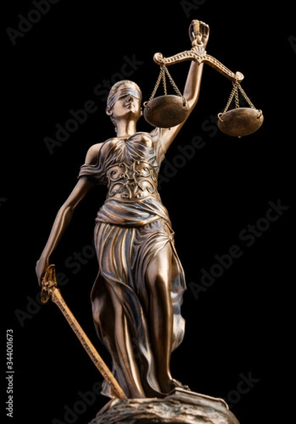 Fototapeta Bronze Themis statue - symbol of Justice - Isolated on black