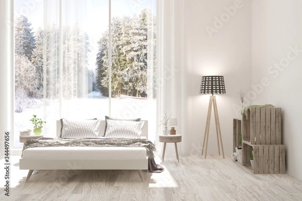 Fototapeta Stylish bedroom in white color with winter landscape in window. Scandinavian interior design. 3D illustration