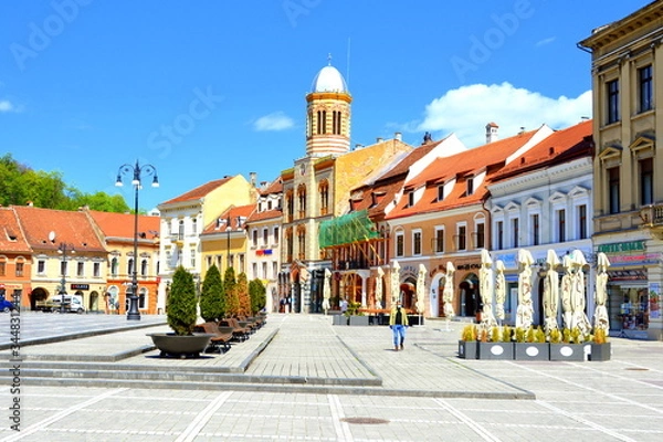 Fototapeta COVID time. Typical urban landscape in pandemic of the city Brasov, a town situated in Transylvania, Romania, in the center of the country