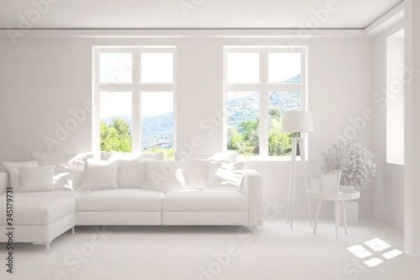 Fototapeta White minimalist living room with sofa. Scandinavian interior design. 3D illustration