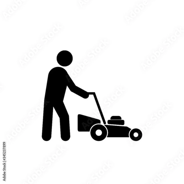 Fototapeta Man with lawn mower isolated on white background. Gardener with lawn mower sign