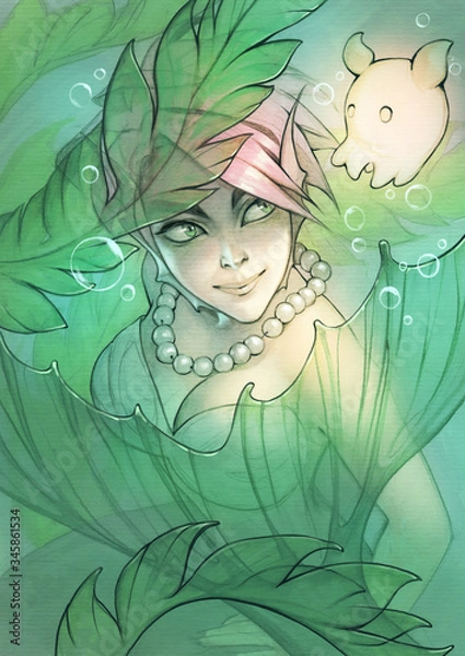 Fototapeta Fantasy portrait illustration of a cute and beautiful cartoon mermaid with a pet octopus