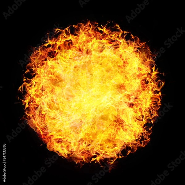 Fototapeta Fire Ball Sphere Circle Flame Burn Explosion Hell Heat Isolated On Black. Overlay Screen Effect. 