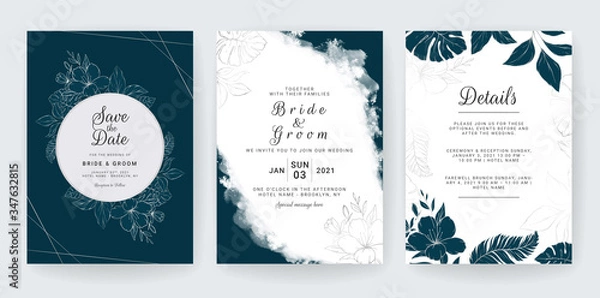 Fototapeta Abstract background. Wedding invitation card template set with navy and line floral decoration for save the date, greeting, poster, and cover design