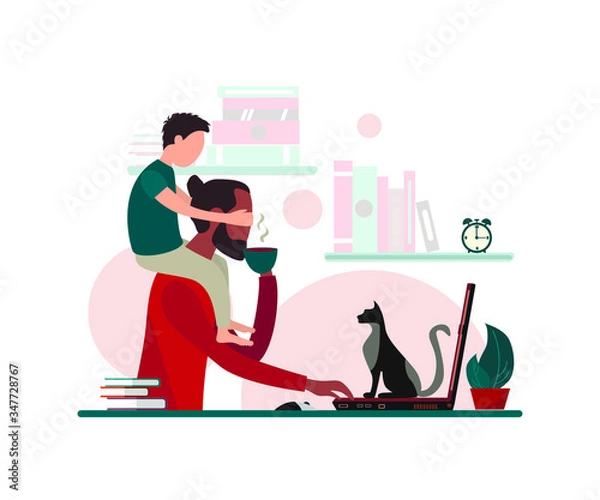 Fototapeta difficulties of working at home, home office, freelance, father with son, work place at home, work in quarantine, vector illustration, cartoon, flat