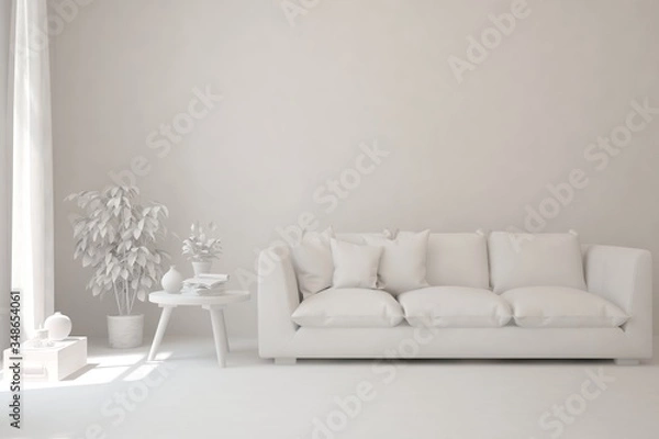 Fototapeta White minimalist living room with sofa. Scandinavian interior design. 3D illustration