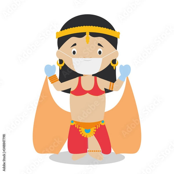 Fototapeta Belly dancer girl dressed in the traditional way and with surgical mask and latex gloves as protection against a health emergency