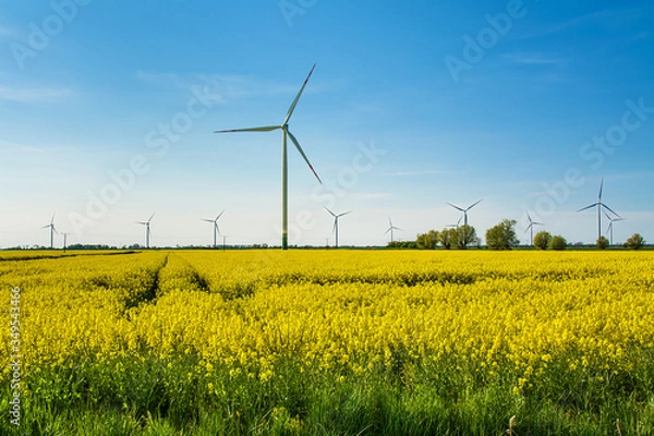 Fototapeta Green energy, wind farm and rapeseed field. Beautiful landscape in Poland.