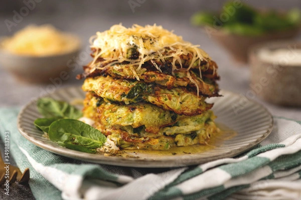 Fototapeta zucchini fritters, close-up, delicious vegetarian food