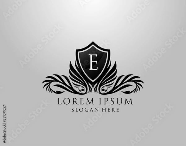 Fototapeta E Letter Logo. Classic Inital E Royal Shield design for Royalty, Letter Stamp, Boutique, Lable, Hotel, Heraldic, Jewelry, Photography.