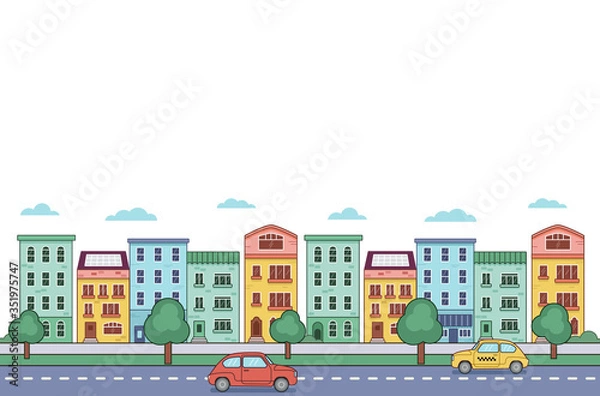 Fototapeta Cityscape. Urban landscape with buildings, car and taxi cab. Flat style. Vector illustration