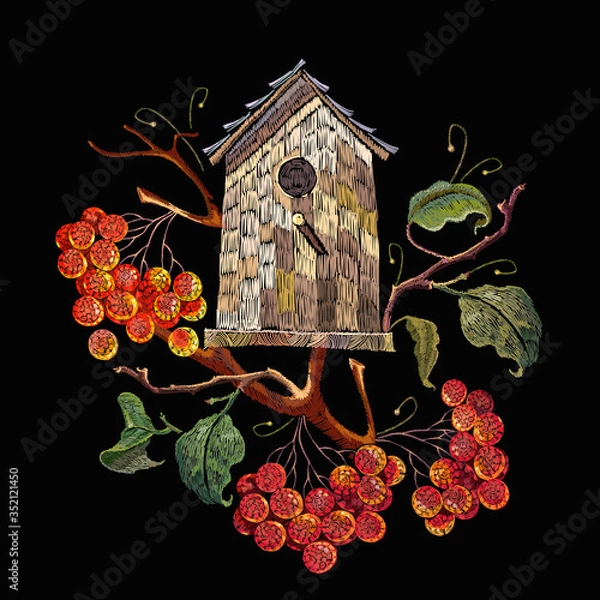 Fototapeta Embroidery red branches of a mountain ash berry and wooden bird house. Summer garden art. Fashionable template for design of clothes