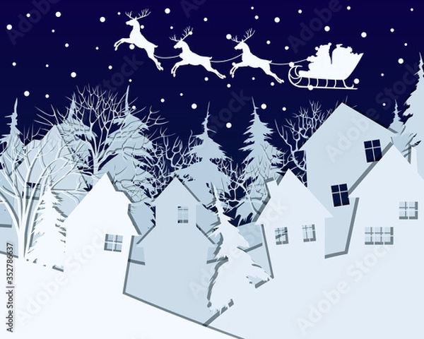 Fototapeta Greeting card. Merry Christmas and happy new year! White silhouettes of houses, Santa Claus on a sleigh with gifts, deer and trees against a blue sky and snowfall.