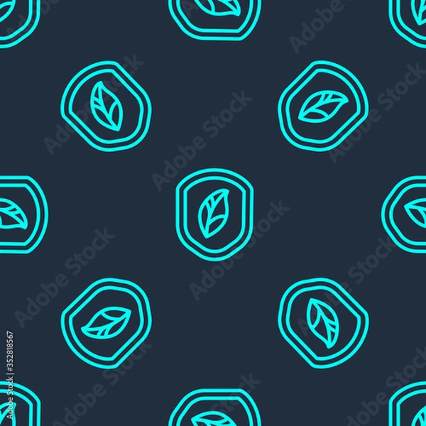 Fototapeta Green line Shield with leaf icon isolated seamless pattern on blue background. Eco-friendly security shield with leaf. Vector Illustration