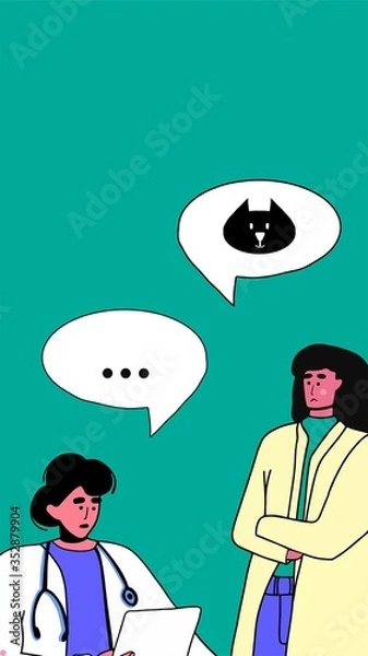 Fototapeta Veterinarian talking to the owner of the cat. Social media stories vertical background. copy space. Vector cartoon illustration