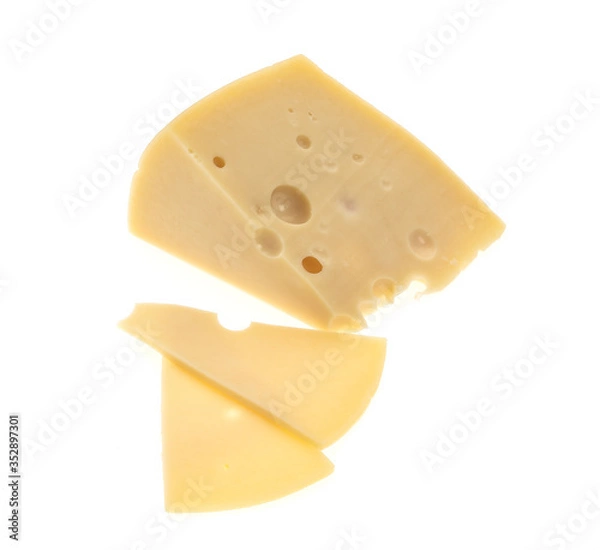 Fototapeta A piece of cheese, fresh and fragrant. There are many holes. Isolated on a white background.