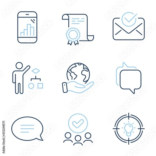 Fototapeta Messenger, Approved mail and Algorithm line icons set. Diploma certificate, save planet, group of people. Chat, Graph phone and Idea signs. Speech bubble, Confirmed document, Developers job. Vector