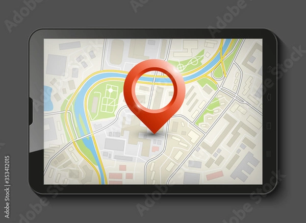 Fototapeta City map route delivery navigation smartphone, phone point marker, drawing schema, simple city plan GPS navigation tablet, itinerary destination arrow paper city map Route delivery check point graphic