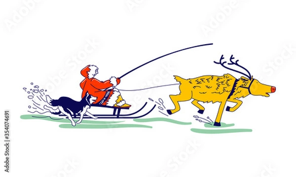 Fototapeta Eskimo Female Character Riding Reindeer Sleigh with happy Dog Run beside. Life in Far North. Inuit in Traditional Clothing Wearing Esquimau Person Driving Sled Outdoors. Linear Vector Illustration