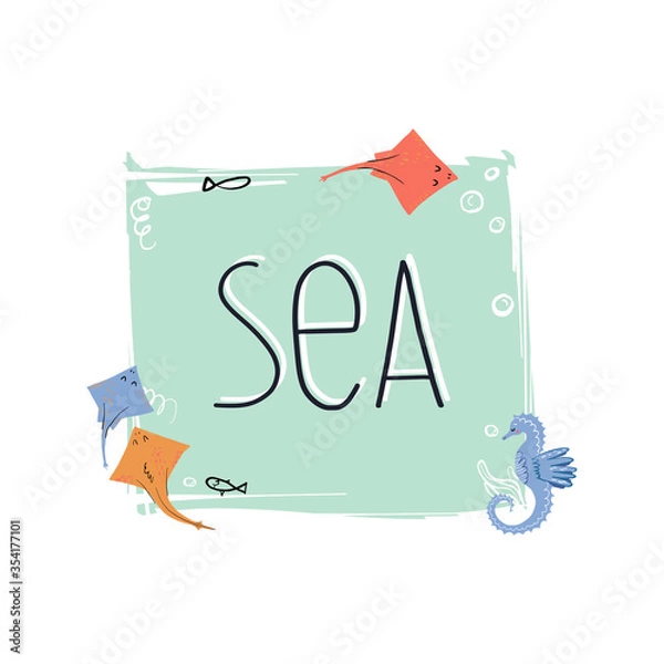 Fototapeta Sea or ocean wildlife banner template with stingray skate fish and seahorse, bubbles and sea grass bed.