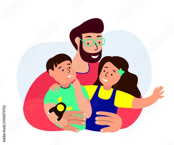 Fototapeta Happy Smiling Father,Daughter,Son Playing.Young Adult Parent.Baby Girl,Son Sit on Dad Hands.Man Entertain with Little Child Kids.Caring Papa.Family Relatives Have Fun Together.Flat Vector Illustration